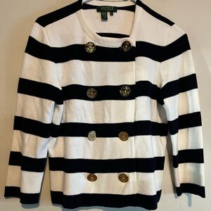 Lauren Ralph Lauren Black & White Stripe Nautical Preppy Knit Cardigan MP Petite